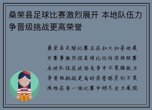 桑荣县足球比赛激烈展开 本地队伍力争晋级挑战更高荣誉