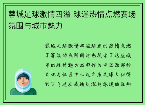 蓉城足球激情四溢 球迷热情点燃赛场氛围与城市魅力