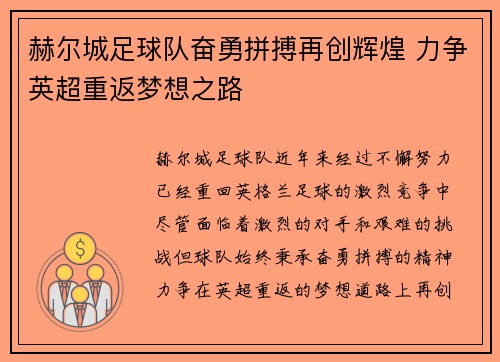 赫尔城足球队奋勇拼搏再创辉煌 力争英超重返梦想之路