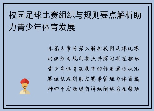 校园足球比赛组织与规则要点解析助力青少年体育发展