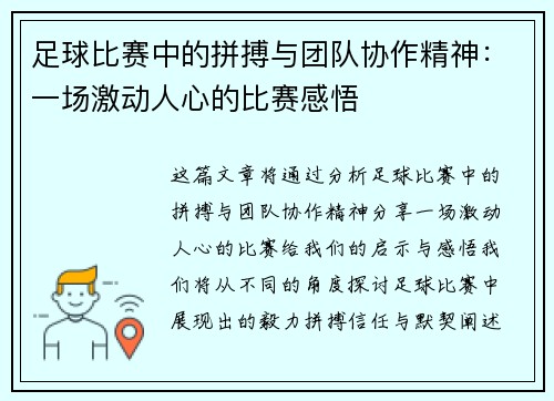 足球比赛中的拼搏与团队协作精神：一场激动人心的比赛感悟