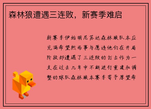 森林狼遭遇三连败，新赛季难启