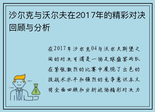 沙尔克与沃尔夫在2017年的精彩对决回顾与分析