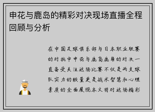 申花与鹿岛的精彩对决现场直播全程回顾与分析