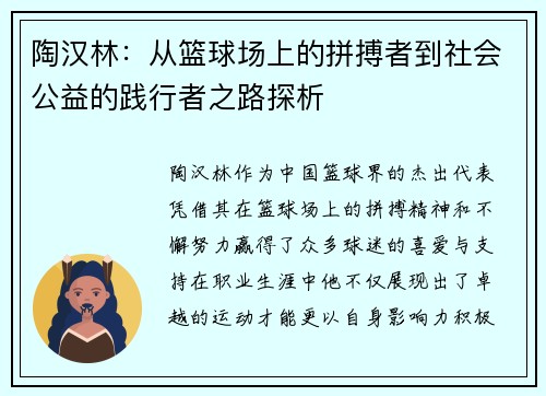 陶汉林：从篮球场上的拼搏者到社会公益的践行者之路探析