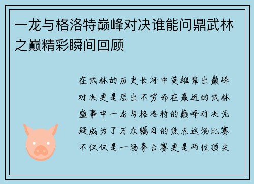一龙与格洛特巅峰对决谁能问鼎武林之巅精彩瞬间回顾