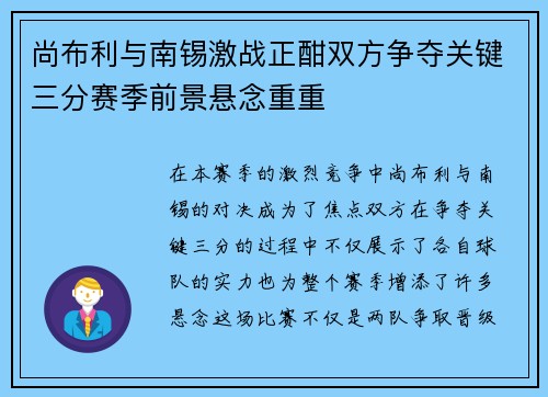 尚布利与南锡激战正酣双方争夺关键三分赛季前景悬念重重