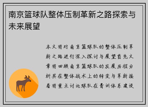 南京篮球队整体压制革新之路探索与未来展望