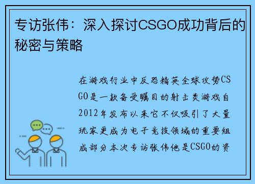 专访张伟：深入探讨CSGO成功背后的秘密与策略