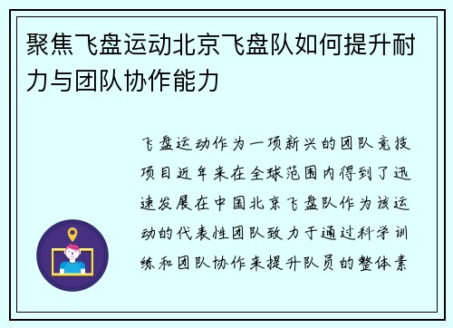 聚焦飞盘运动北京飞盘队如何提升耐力与团队协作能力