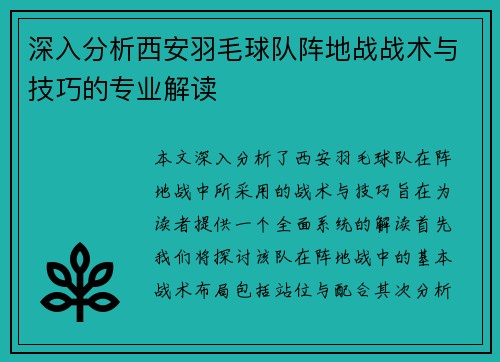 深入分析西安羽毛球队阵地战战术与技巧的专业解读